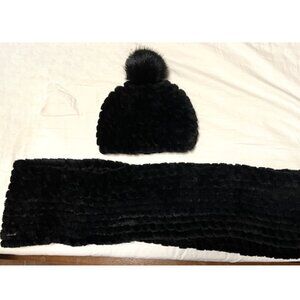 Calvin Klein Black Faux Fur Infinity Scarf and Hat with Pompom